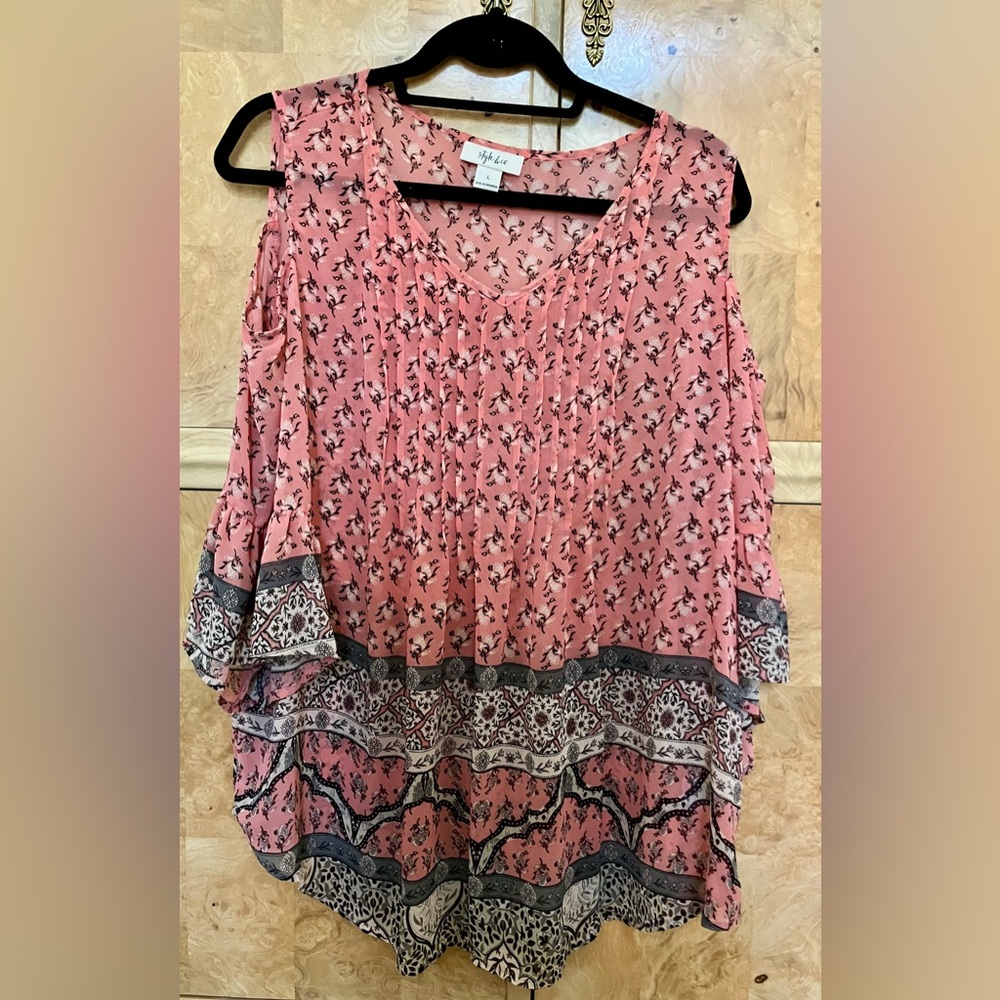 Style & Co. Cold-Shoulder Tunic Size L Pink/Peach Gray White Black - Picture 2 of 8